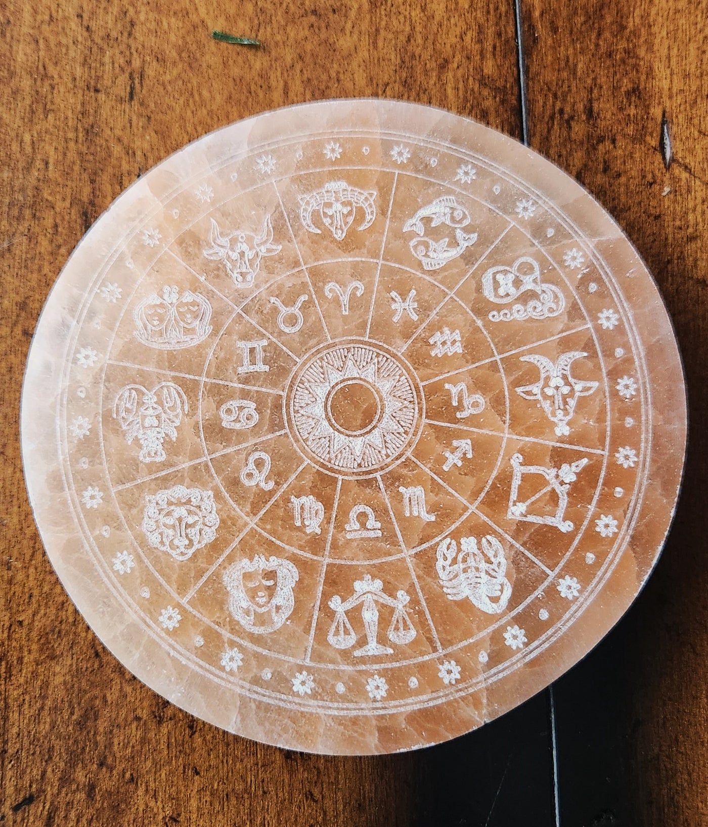 Zodiac Signs Round Peach Selenite Charging & Offering Plate