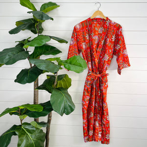 Tangerine -100% Cotton Indian Block Printed Kimono Robe- Gray Bird Label