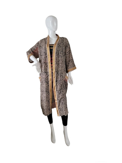 Cotton Block Print Kimono - Beige/Black