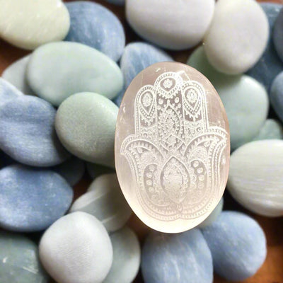 Selenite Palm Stone - Hamsa Hand Engraved