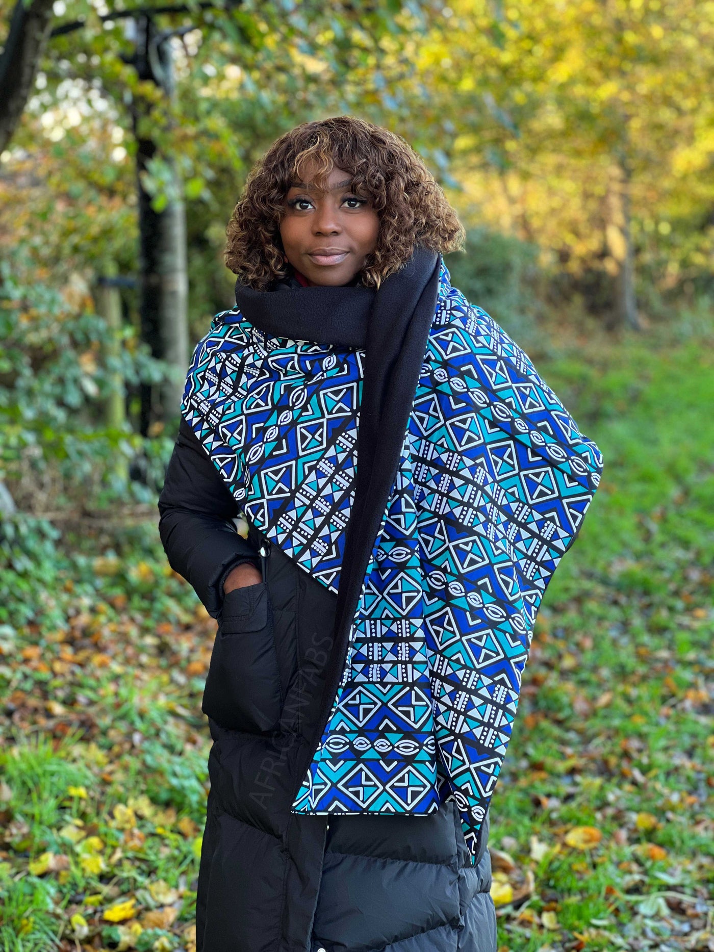 AfricanFabs - African print Winter scarf for Adults Unisex - Blue / Turquoise Bogolan