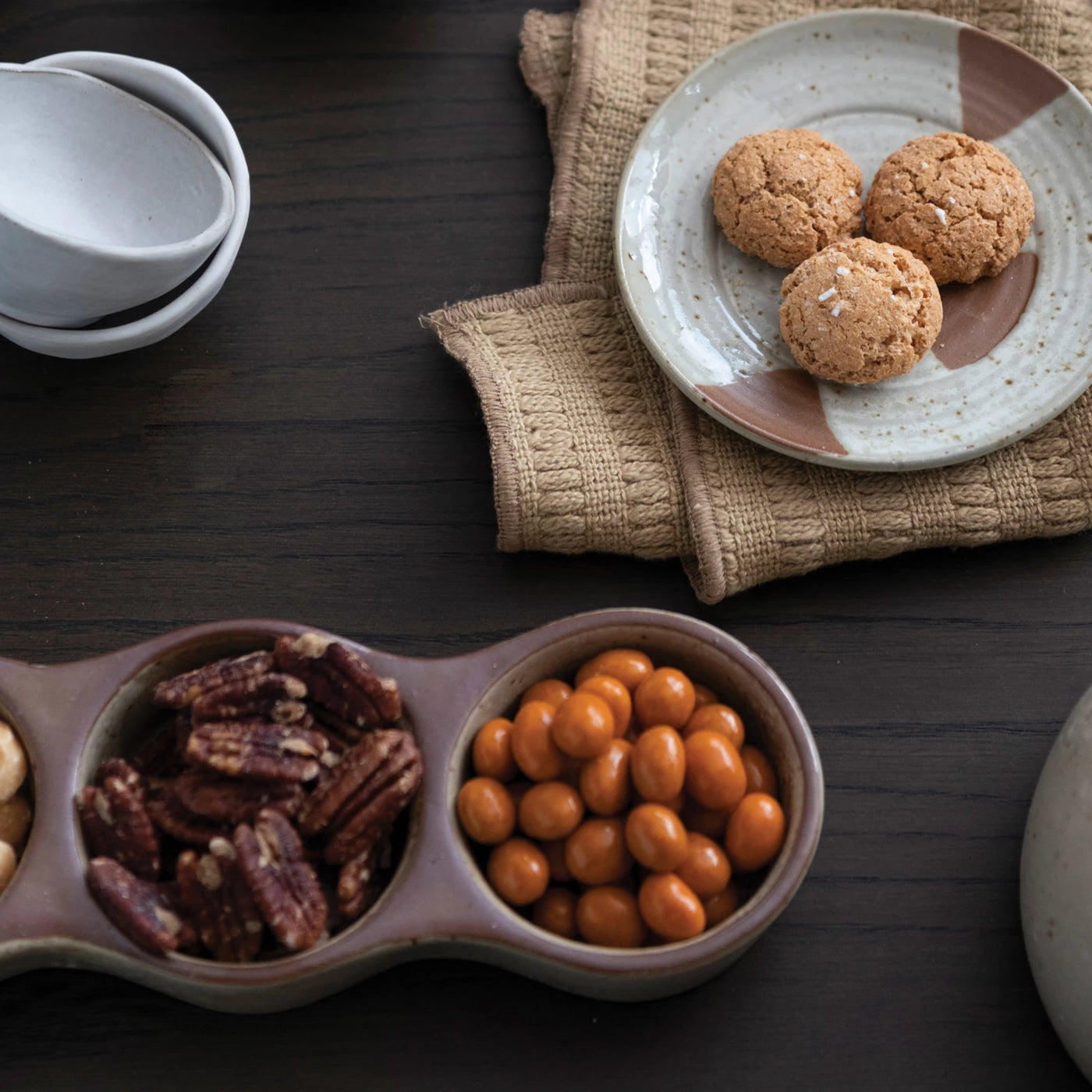 Stoneware Dish w/ 3 Sections, Reactive Glaze