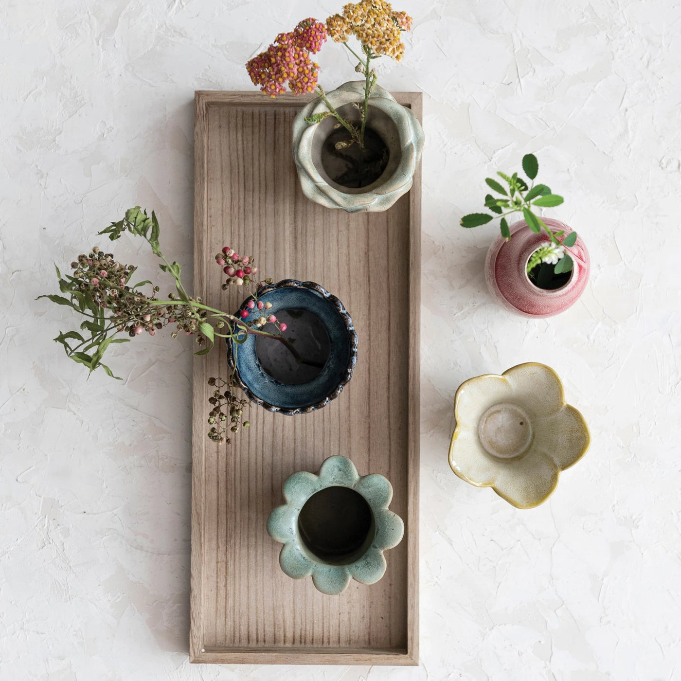 Stoneware Vase/Votive Holders w Wood Tray - Creative Co-Op