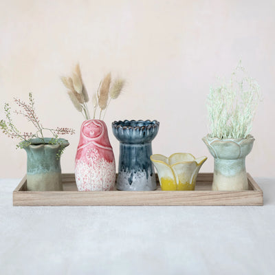 Stoneware Vase/Votive Holders w Wood Tray - Creative Co-Op