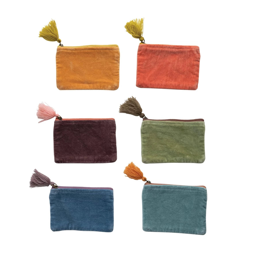 Cotton Velvet Zip Pouch with Tassel - Creative Co-Op