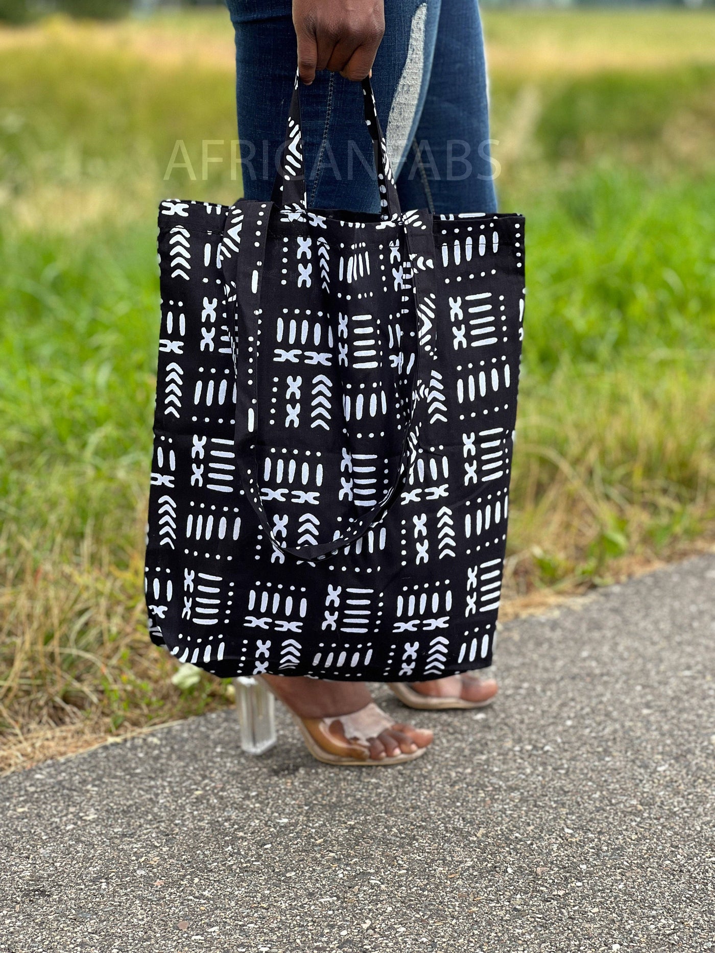 Shopper Bag with African print - Black / White Bogolan