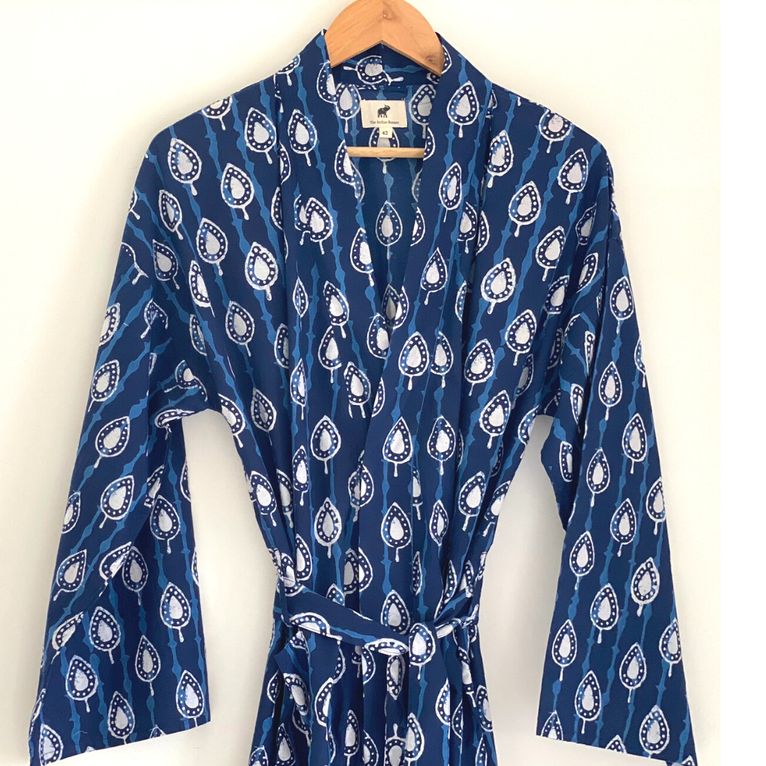 The Indian Bazaar - Womens Kimono Robe - Indigo white print cotton + bag