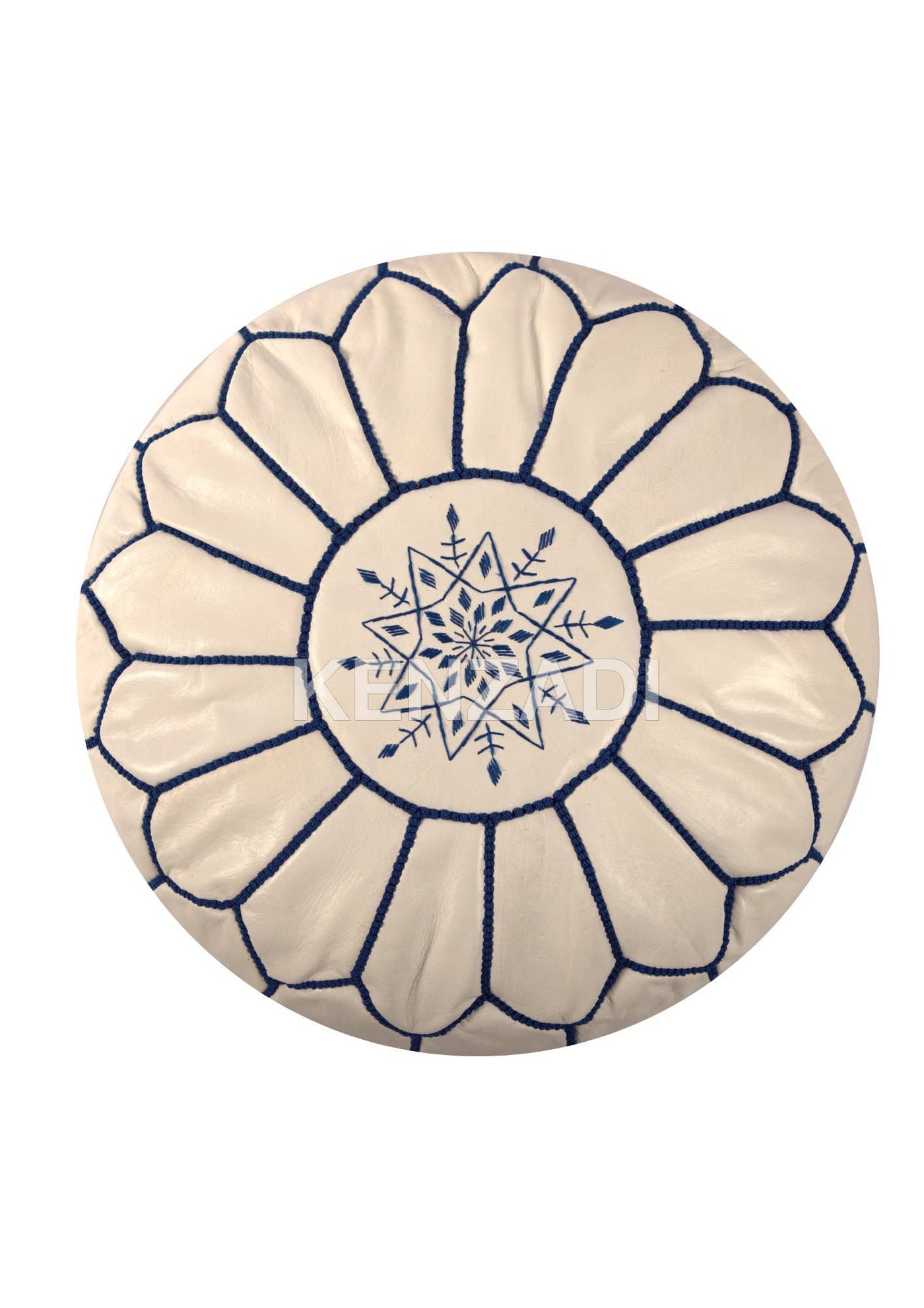 Kenzadi - Moroccan leather pouf, round pouf, berber pouf, white pouf with blue embroidery by Kenzadi