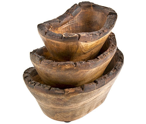 Wooden Tray/Bowls with Natural Bark  - 8", 7", 6"L