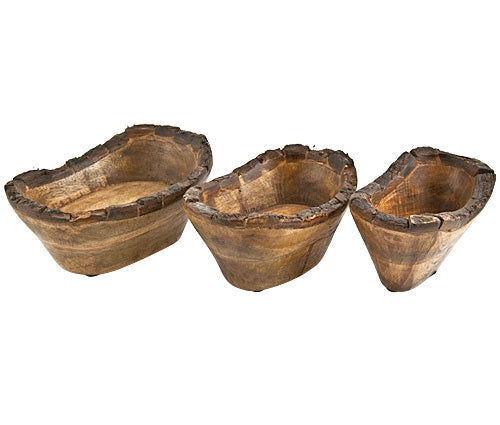 Wooden Tray/Bowls with Natural Bark  - 8", 7", 6"L