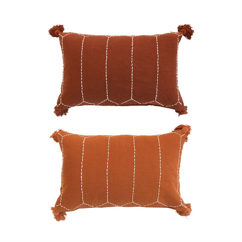 Cotton Lumbar Pillow with Decorative Stitching & Tassels