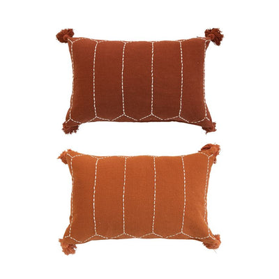 Cotton Lumbar Pillow with Decorative Stitching & Tassels