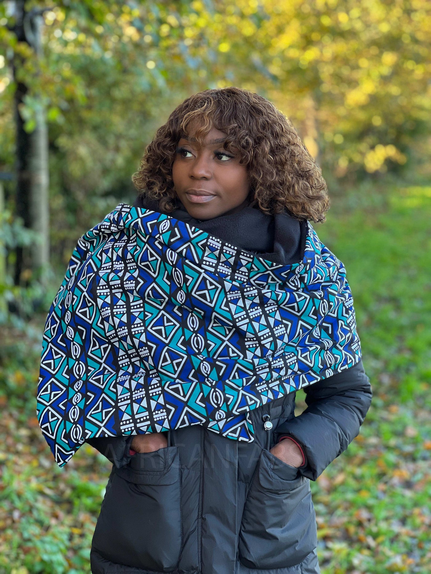 AfricanFabs - African print Winter scarf for Adults Unisex - Blue / Turquoise Bogolan