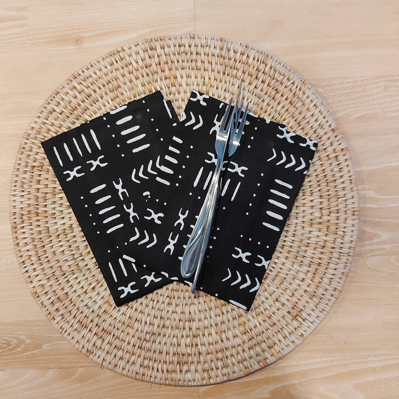 Set of 2 Black ''Mudcloth'' Print, 100% Cotton Tea Towels