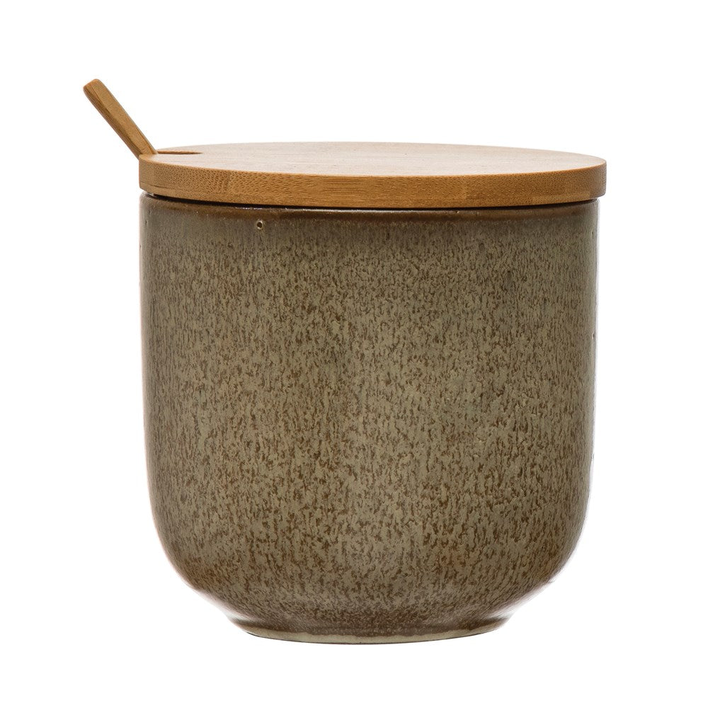 Stoneware Jar w/ Bamboo Lid & Spoon, Reactive Glaze, Brown, Set of 2 (Each Varies)