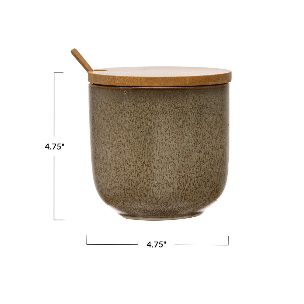 Stoneware Jar w/ Bamboo Lid & Spoon, Reactive Glaze, Brown, Set of 2 (Each Varies)