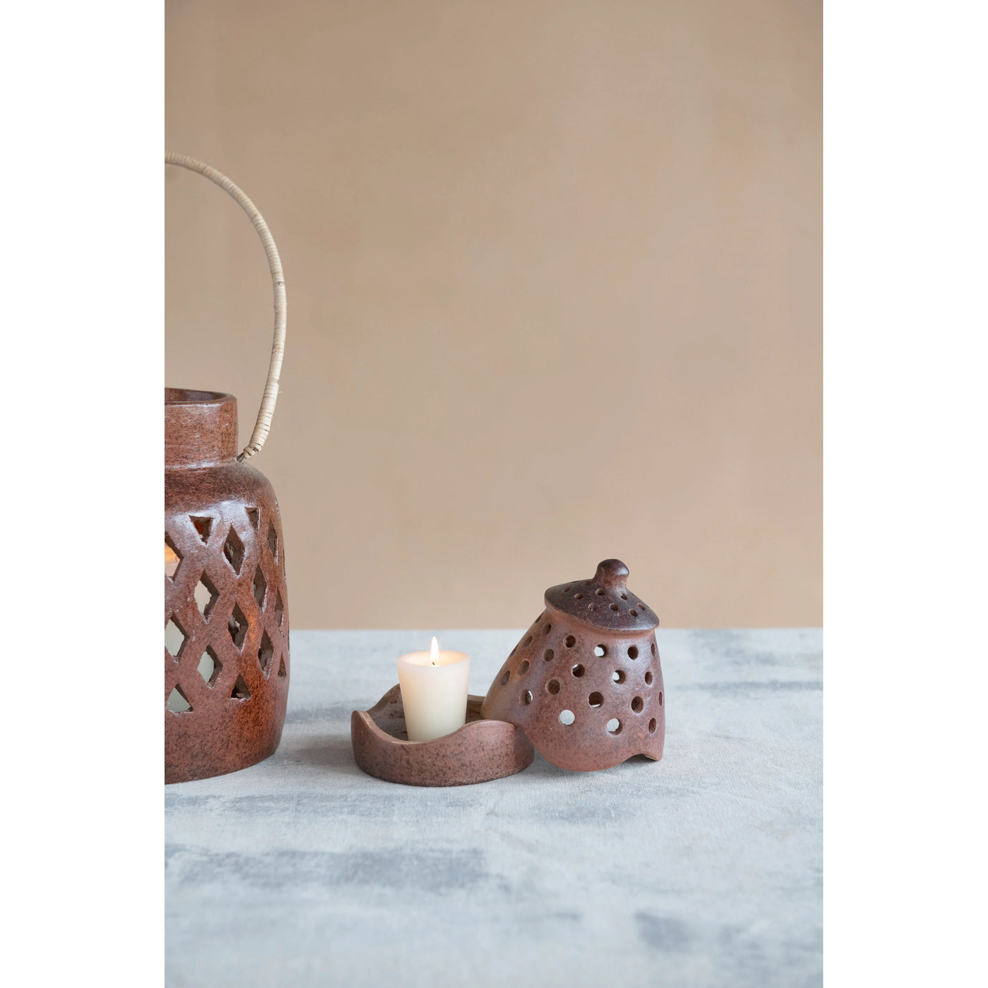 Handmade Terra-cotta Lantern with Cut-Outs and Lid, Reactive Glaze