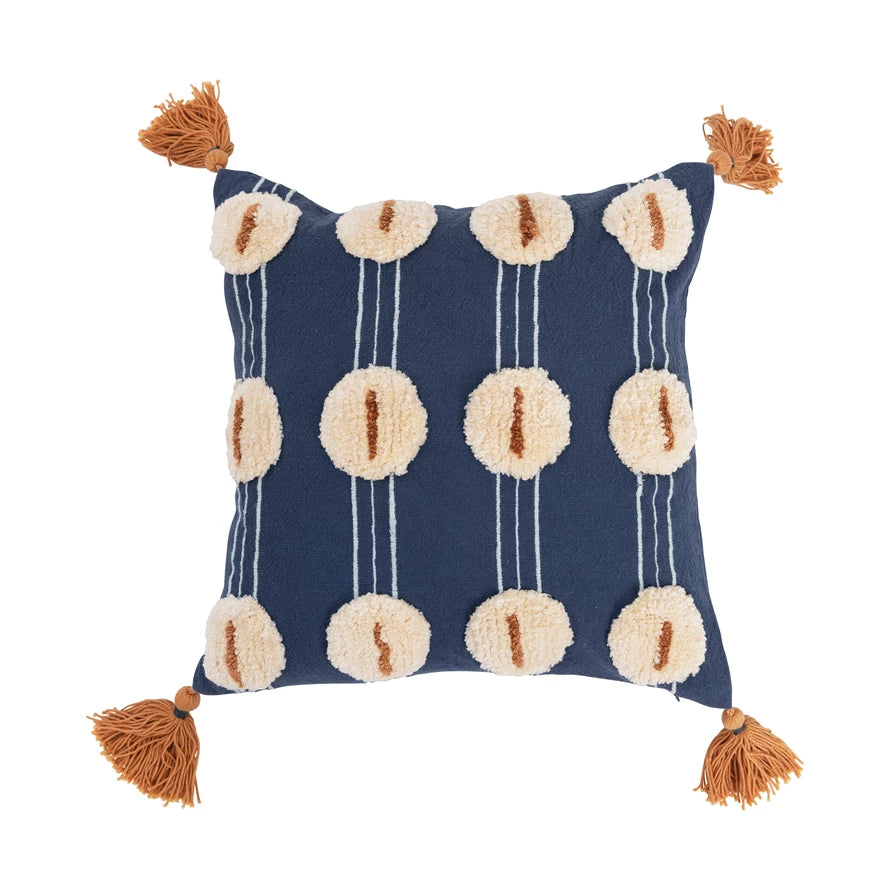 16" Cotton Embroidered & Tufted Pillow with Tassels - Creative Co-Op