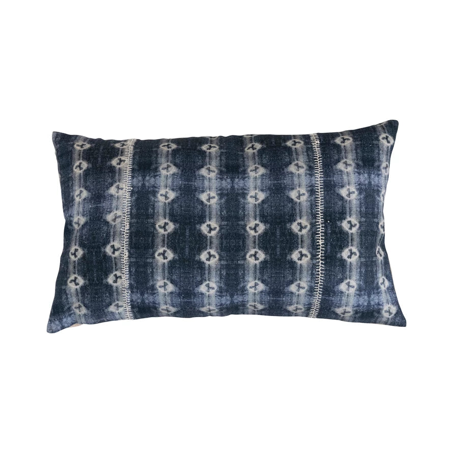 Cotton Lumbar Pillow with Batik Print & Embroidery