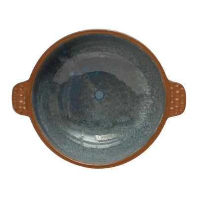 Stoneware Bowl with Handles and Brown Rim, Reactive Glaze