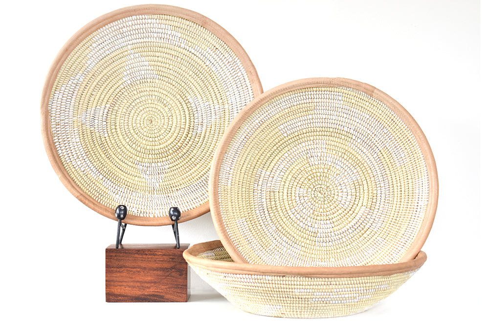 White Tabletop Baskets With Leather Trim